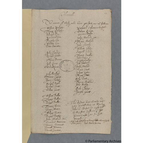 Protestation Return: Oxford: Bloxham Hundred ? Hanwell